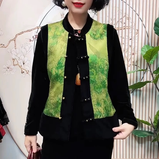 中国风蝶恋花盘扣拼接丝绒马甲女新款遮肉显瘦时尚年轻中老年女装