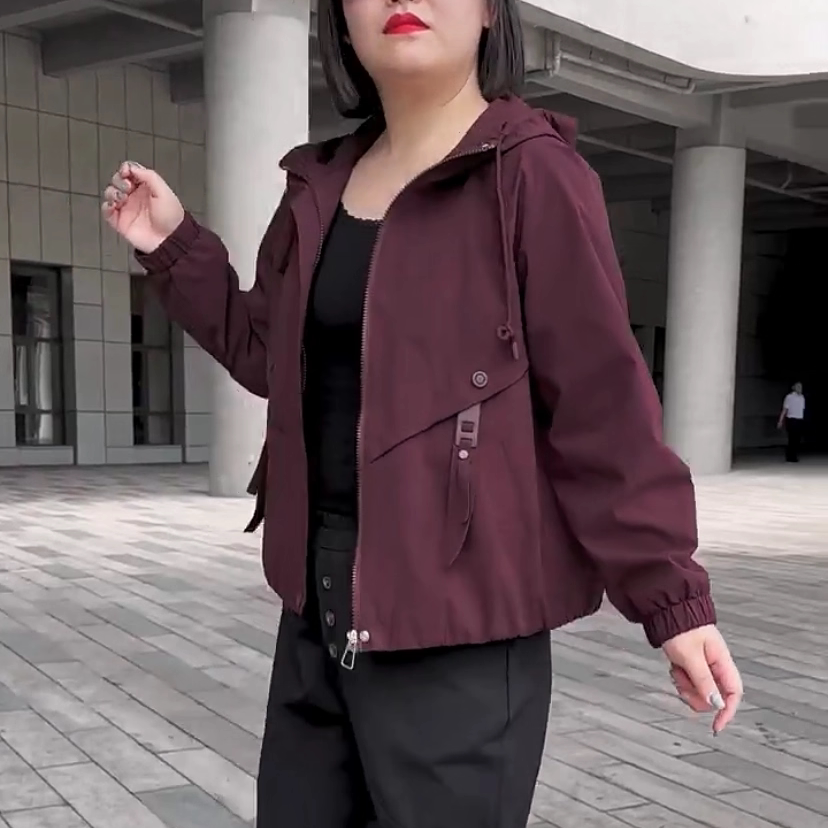 春秋款纯色抽绳连帽拉链外套遮肉显瘦上衣女新款休闲百搭年轻女装