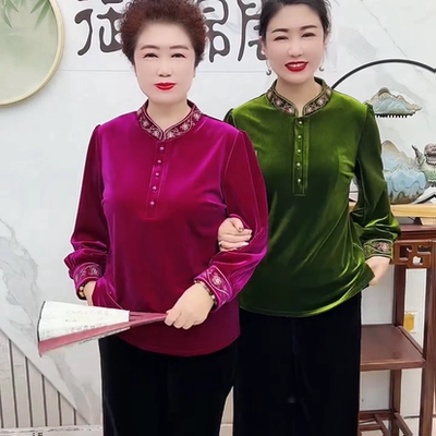 中国风刺绣玫瑰花五扣金丝绒上衣宽松遮肉小衫时尚洋气中老年女装