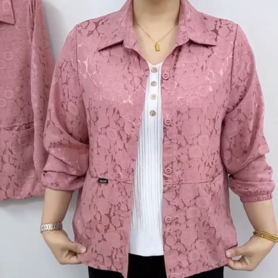 新款纯色提花衬衫领薄款开衫遮肉显瘦上衣女时尚休闲中老年女装