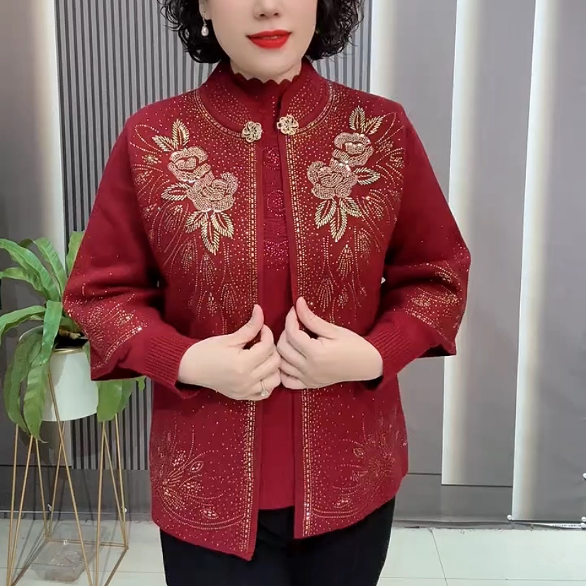 时尚国风烫钻刺绣牡丹针织衫两件套遮肉显瘦毛衣本命年中老年女装