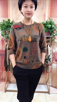 针织衫套头圆领宽松秋季妈妈装