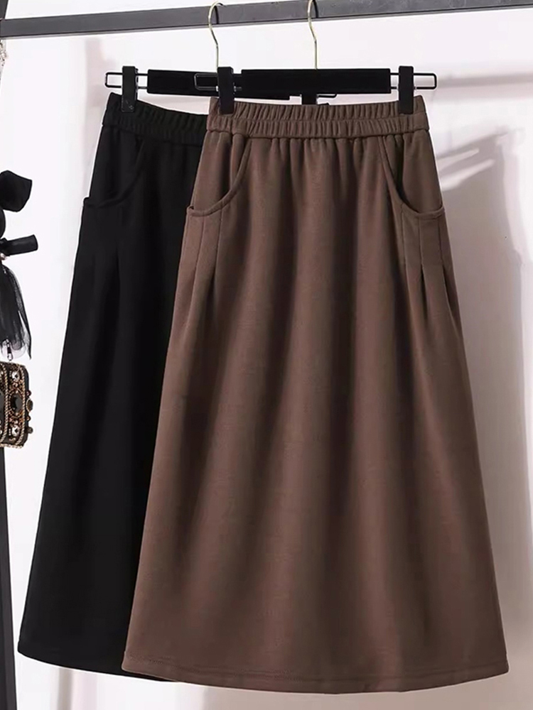 高腰半身裙女春秋季2025新款深棕色覆古松紧腰中长显瘦a字伞裙子