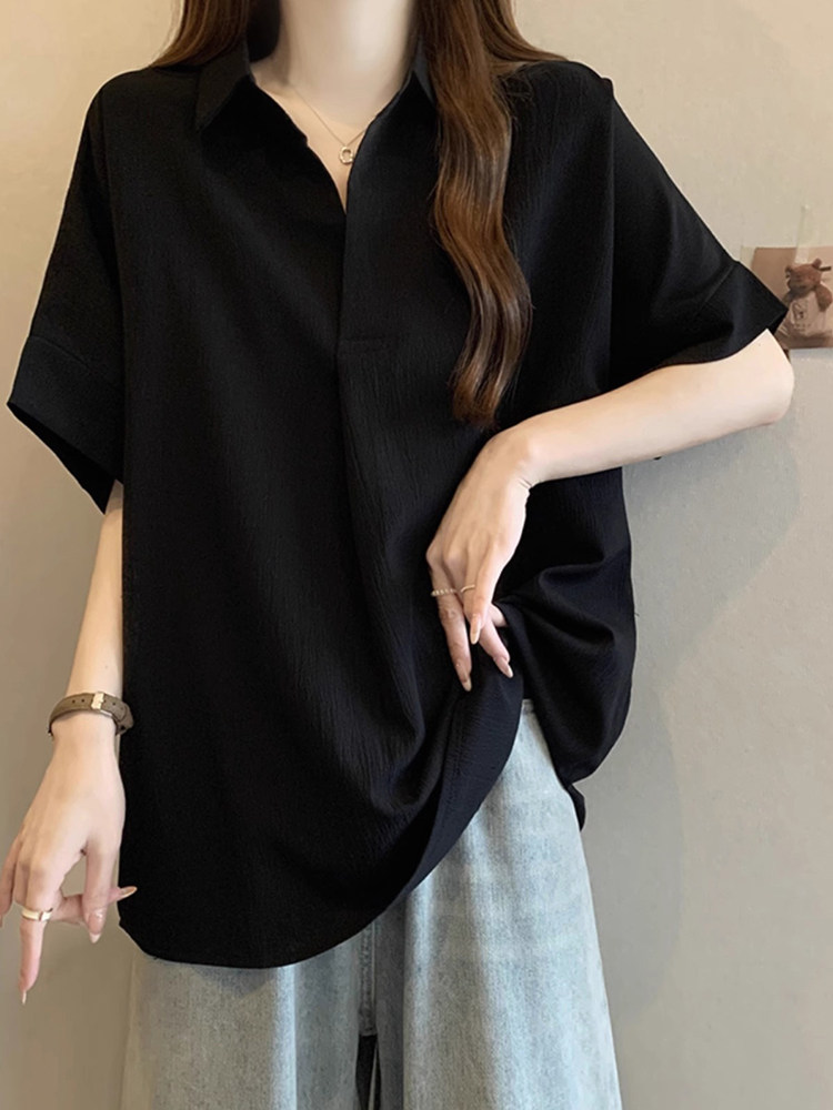 女式短袖衬衫2025夏季新优雅大尺寸胖毫米宽松显瘦高端Polo衫上衣