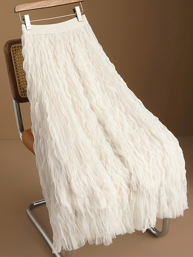 白色半身裙女2025春季新款高腰显瘦高级感褶皱中长款a字百褶纱裙