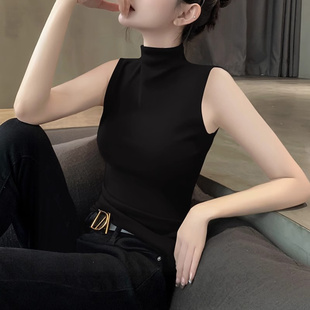 半高领背心女春秋2025新款莫代尔无袖上衣加绒内搭黑色修身打底衫