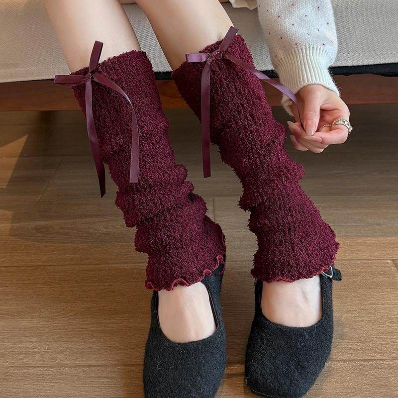 红色堆堆袜套女秋冬保暖防寒腿套日系蝴蝶结JK袜子圣诞毛绒小腿袜,女士内衣/男士内衣/家居服,长筒袜,淘宝优惠券,粉丝福利购,淘宝优惠卷