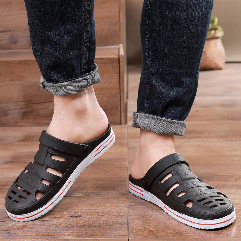 男士包头凉鞋夏季新款平跟软底防滑耐磨镂空户外涉水两穿洞洞鞋男