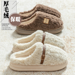 加绒加厚保暖防滑外穿棉拖月子鞋 韩式 冬季 情侣款 皮带扣毛绒棉拖鞋