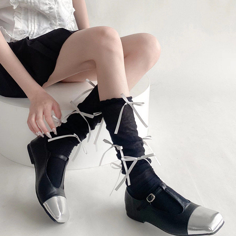 黑色小腿袜子女夏季薄款白色蕾丝蝴蝶结中长筒miu系芭蕾风堆堆袜,女士内衣/男士内衣/家居服,中筒袜,淘宝优惠券,粉丝福利购,淘宝优惠卷