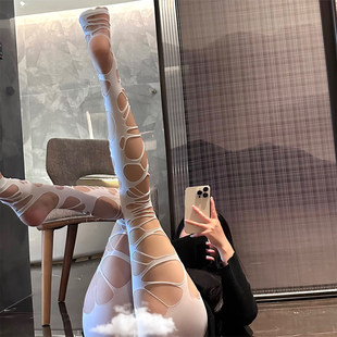 白色连裤袜女薄款不规则破洞黑丝袜辣妹y2k亚文化性感绷带渔网袜