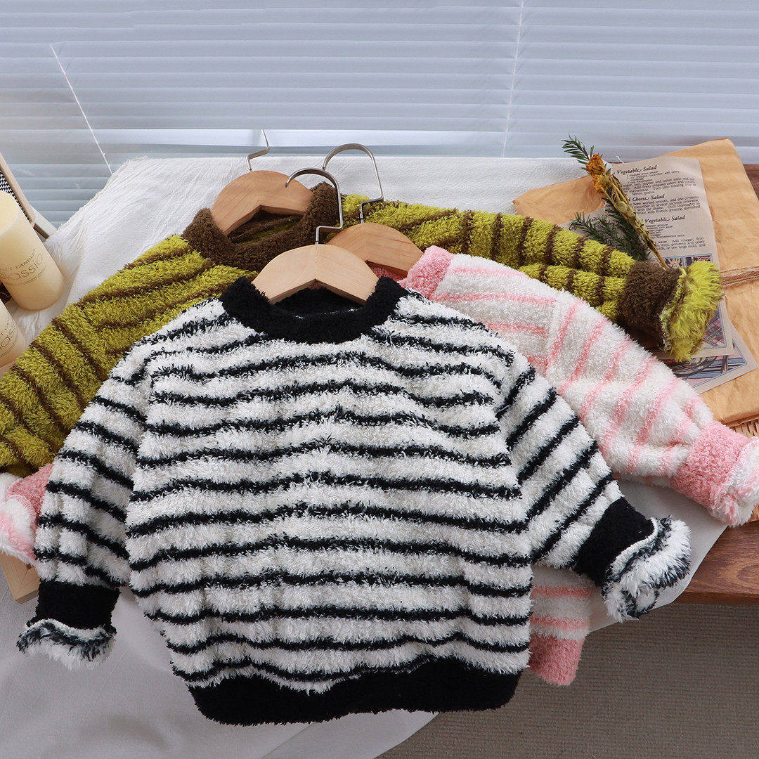 儿童珊瑚绒条纹卫衣秋冬新款中大童男女童衣服宝宝加绒加厚毛毛衣