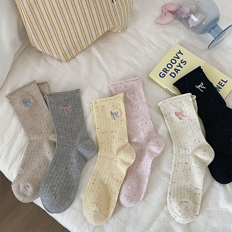 点子砂袜子刺绣蝴蝶结女中筒袜春秋冬长袜女韩系甜美卷边堆堆袜子,女士内衣/男士内衣/家居服,中筒袜,淘宝优惠券,粉丝福利购,淘宝优惠卷