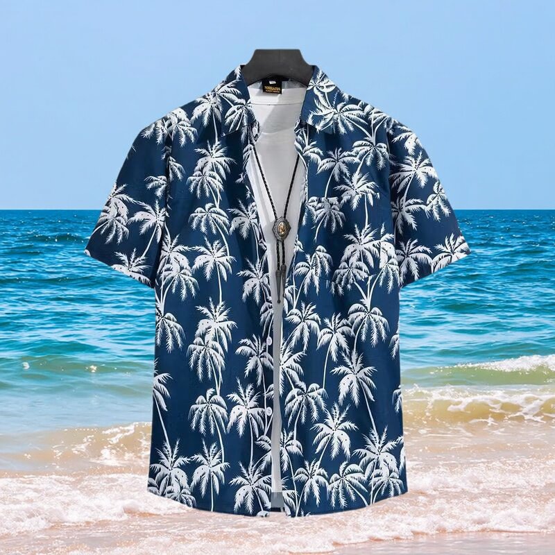 夏装新款碎花雪白色衬衫男士短袖学生高级设计感衬衣港风印花上衣