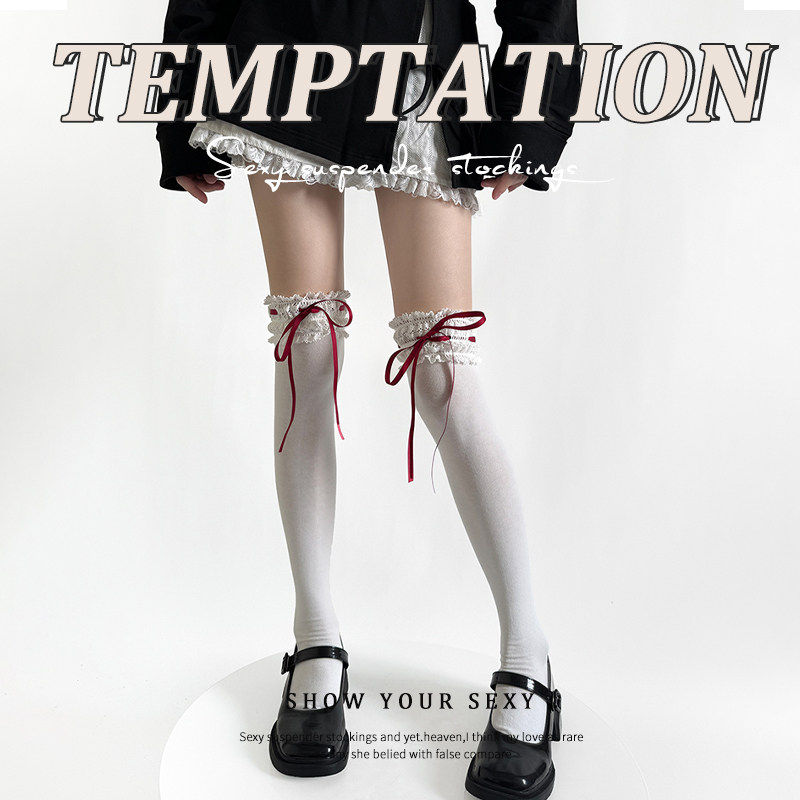 蕾丝白丝洛丽塔过膝袜红丝带女蝴蝶结花边袜子lolita奶白色大腿袜,女士内衣/男士内衣/家居服,长筒袜,淘宝优惠券,粉丝福利购,淘宝优惠卷