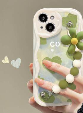 小清新绿色爱心适用苹果14壳iphone13新款12/11promax腕带保护套xr女xsmax硅胶7p/8plus创意6splus简约se