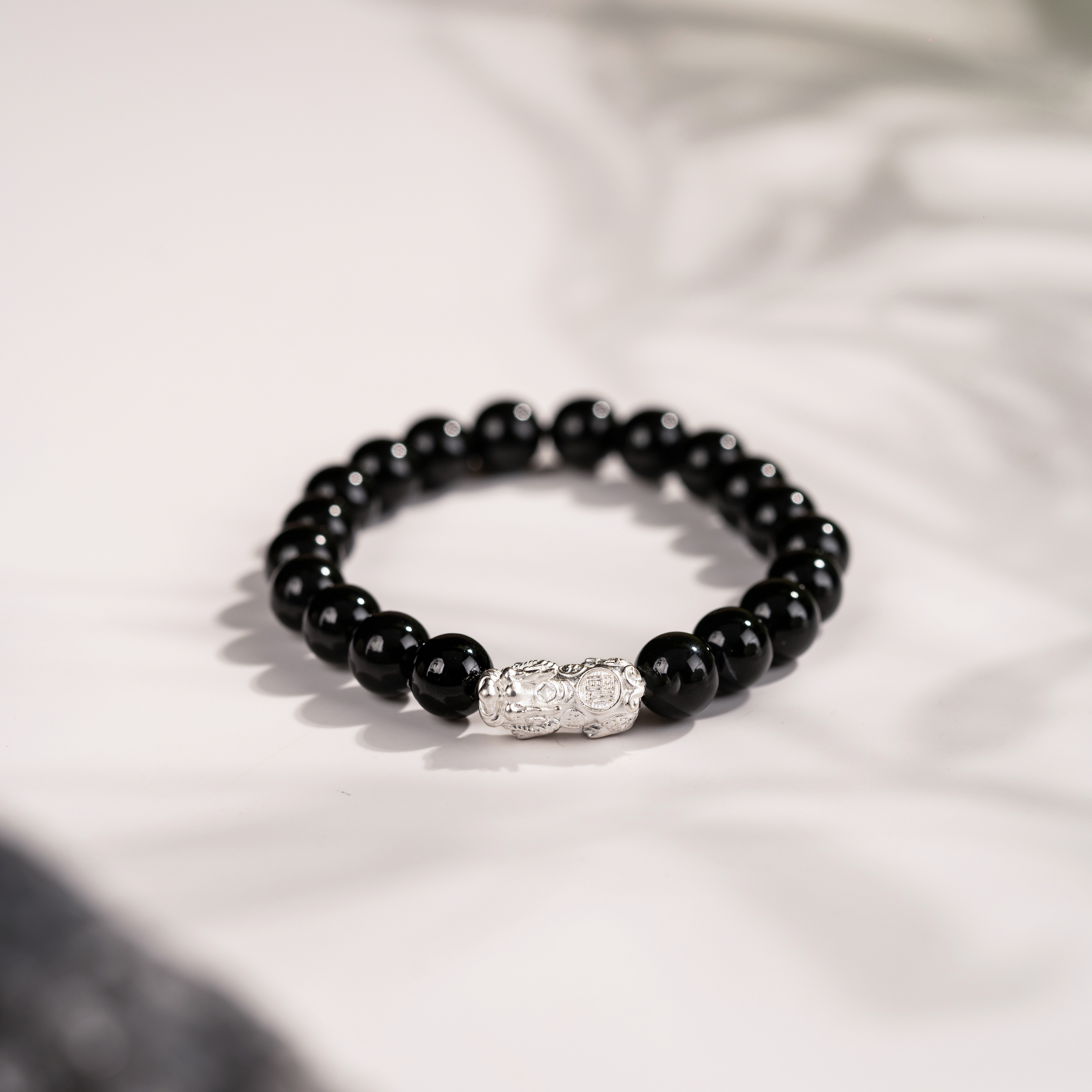 水贝黑玛瑙足银999男士手串银饰招财神白银貔貅手链送男友父亲礼