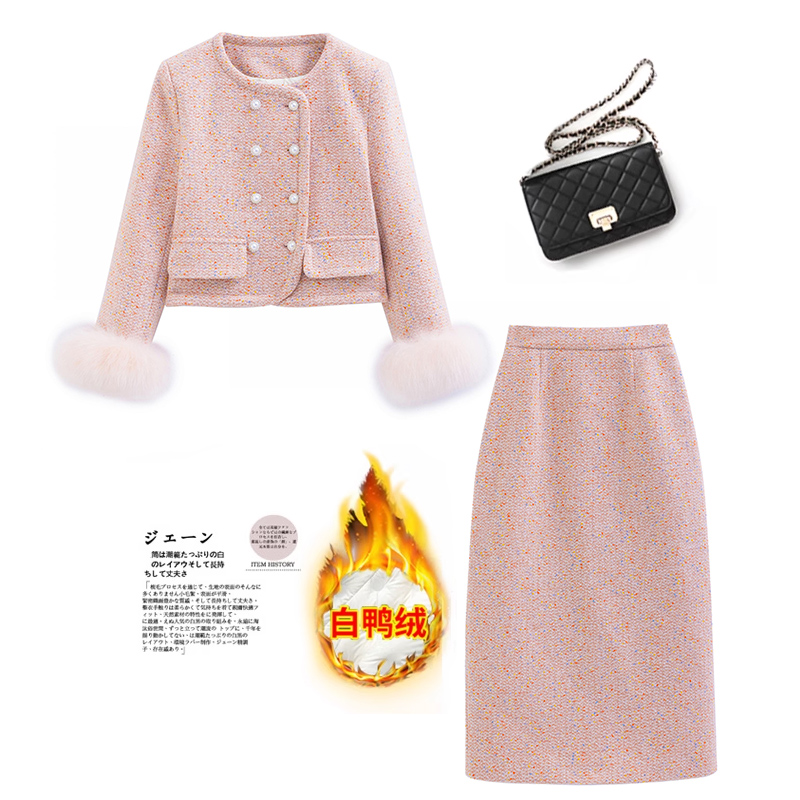 粉色小香风羽绒短外套半身裙毛呢套装冬装新款气质名媛加厚两件套