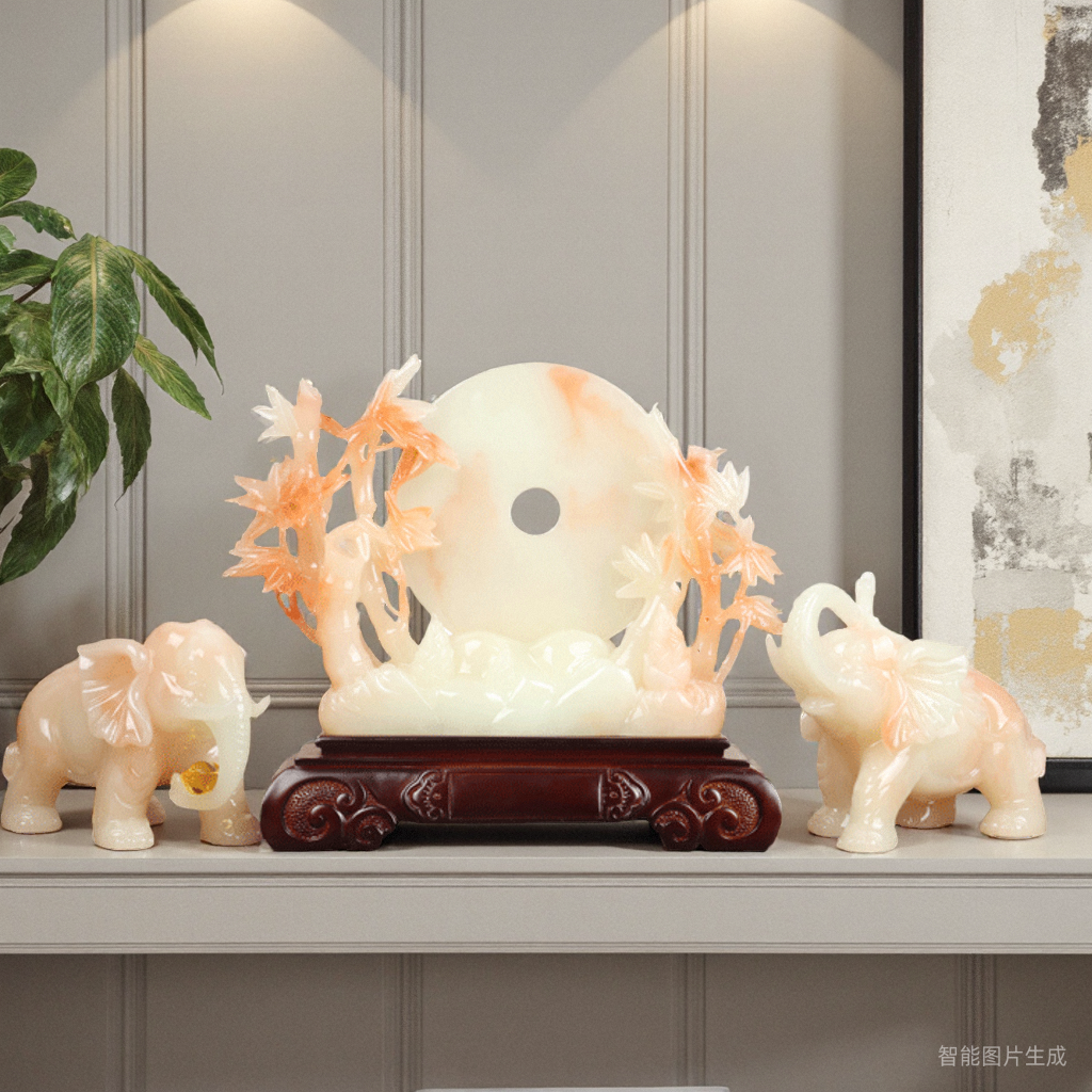 三件套竹报平安扣一对大象摆件客厅办公室玄关装饰品高档轻奢礼品