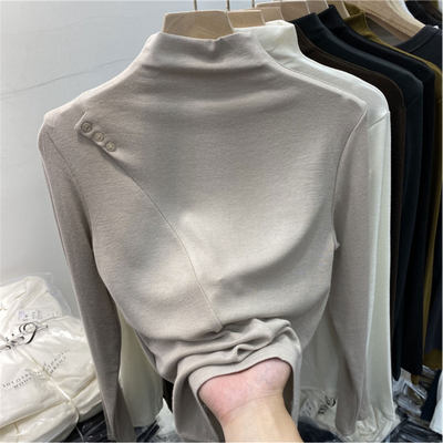 欧货气质半高领长袖T恤女