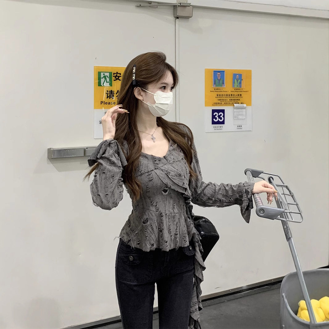 法式不规则复古灰色T恤女