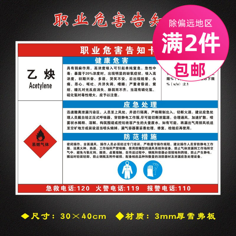 乙炔职业危害告知卡全套工厂周知卡安全警示标识牌gzk105