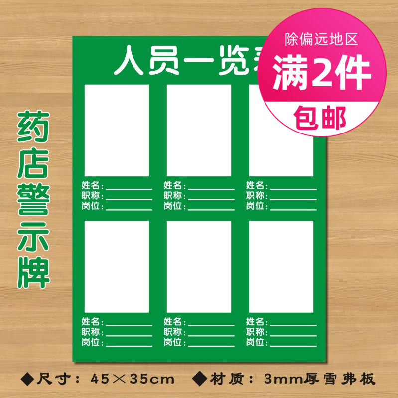 药店人员一览表gsp认证人员岗位牌监督台药店标识牌定做ydjs022