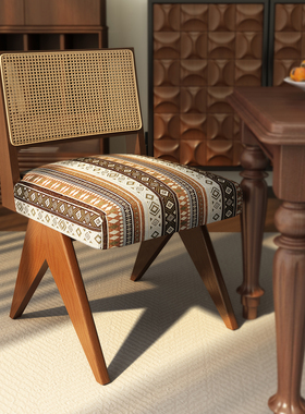 柿子精灵餐椅红色单椅子藤编布艺实木客厅餐厅法式田园中古风餐厅