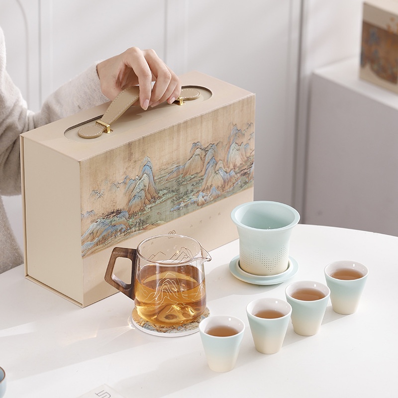 高档国潮千里江山旅行茶具套装商务礼品礼盒装陶瓷伴手礼定制