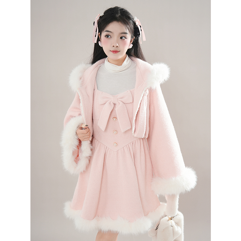 瑞拉仙境 重工连帽斗篷+气质吊带裙毛呢套装裙2025冬季甜美两件套