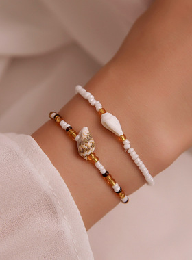 欧美跨境饰品手工编织串小米珠贝壳海螺彩色夏季沙滩手饰两件套