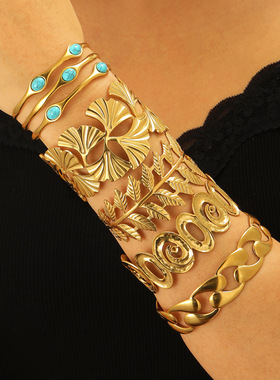 不锈钢异形镂空树叶银杏叶手镯欧