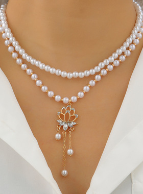 步步生莲珍珠项链流苏镂空花朵吊
