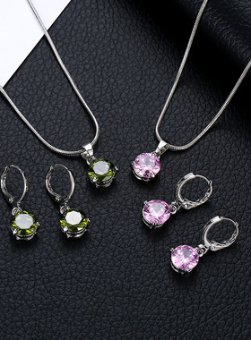 新款速卖通热卖时尚气质首饰项链耳环两件套圆形多色锆石吊坠套装