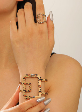 欧美跨境几何开口豹纹手镯戒指两