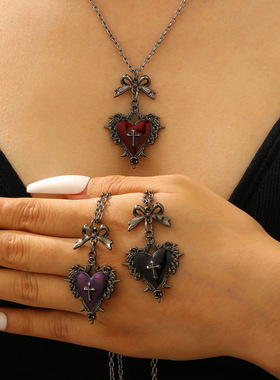 亚马逊跨境外贸哥特y2k亚文化红色爱心荆棘吊坠项链蝴蝶结十字架