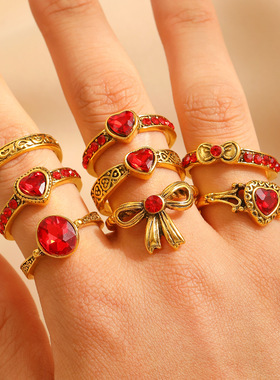 跨境宫廷风复古蝴蝶结红钻戒指套