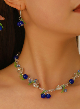欧美跨境饰品ins蓝色樱桃项链耳环套装夏天首饰饰品女Blueberries
