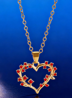 欧美跨境精致甜美树枝爱心花环镂空桃心吊坠项链INS风简约锁骨链