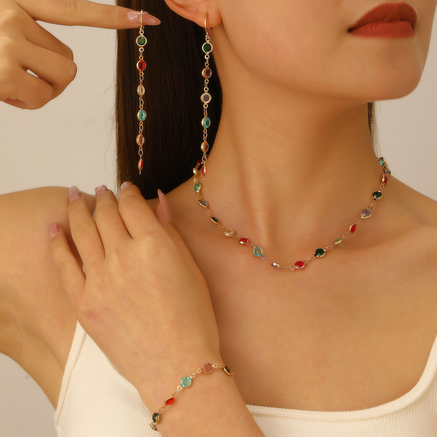 欧美ins风彩色圆形锆石项链手链