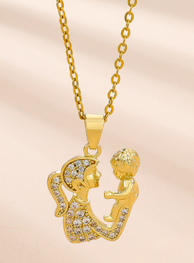 跨境欧美母亲节项链复古时尚小众设计母子相拥吊坠锁骨链节日礼物