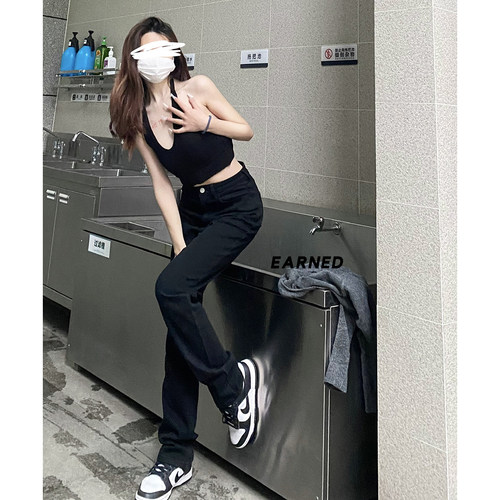 黑色直筒显瘦弹力牛仔裤女