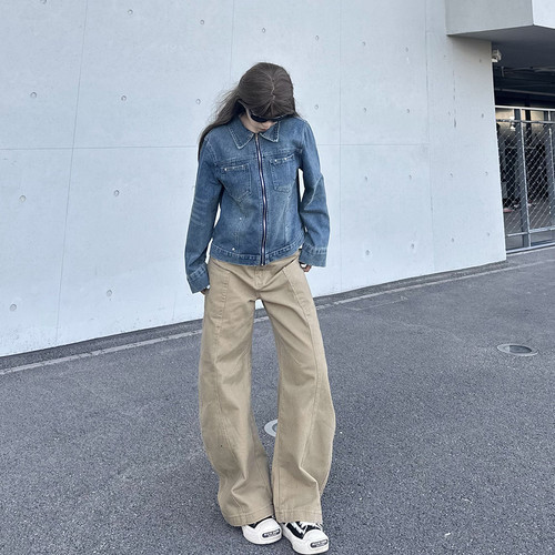 美式复古弯刀卡其色牛仔裤女