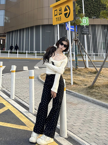 直筒波点碎花常规牛仔新款长裤
