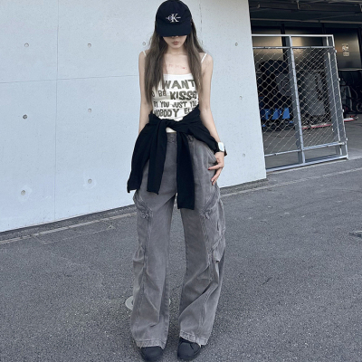 灰色多口袋褶皱工装裤牛仔裤女