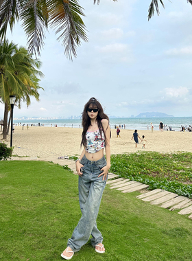 EARNED 复古宝蓝拖地阔腿宽松牛仔长裤高腰水洗磨白牛仔裤女