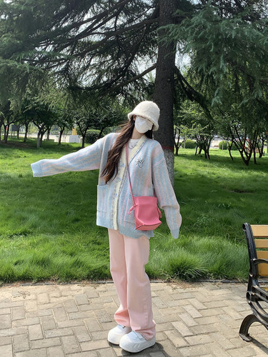 少女粉宽松拖地阔脚裤长裤显瘦
