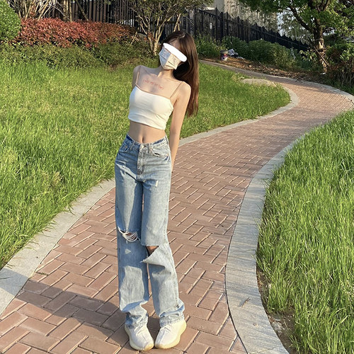 EARNED 2025春夏新款设计款两侧破洞纽扣直筒长裤高腰牛仔裤女