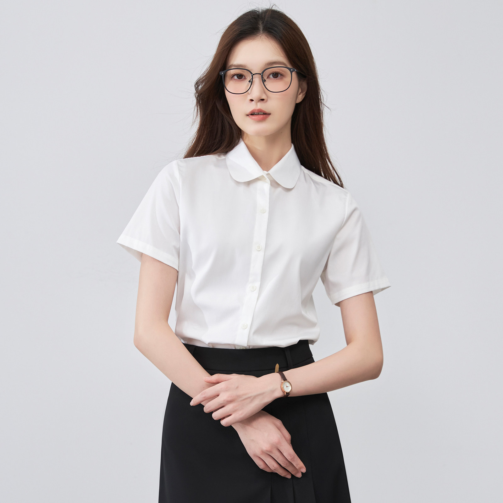 圆领白衬衫女短袖夏季职业正装套装公务员面试小个子工作服套装裙