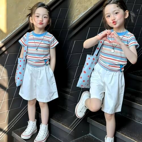 潮女童夏季新款套装韩系洋气清新条纹短袖T恤韩版时尚百搭休闲裤